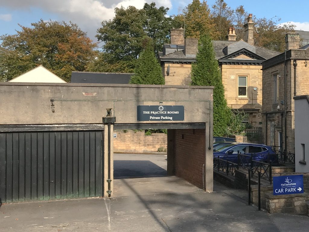 Entrance to the main car park at the rear of The Practice Rooms